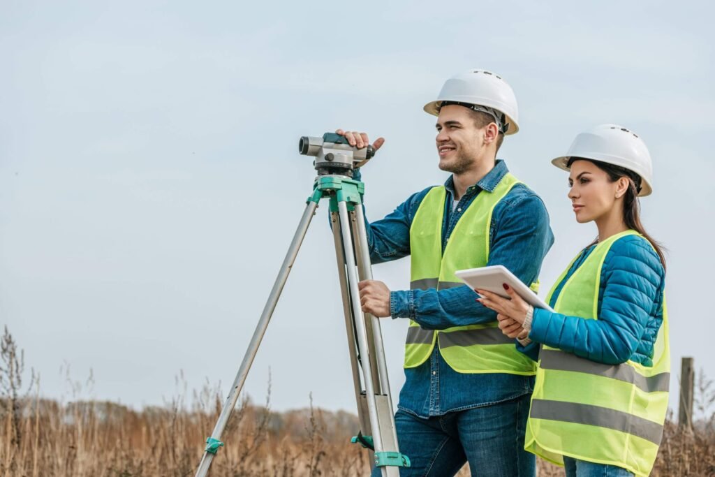 surveyors with with digital level and tablet in fi 2023 11 27 05 33 12 utc